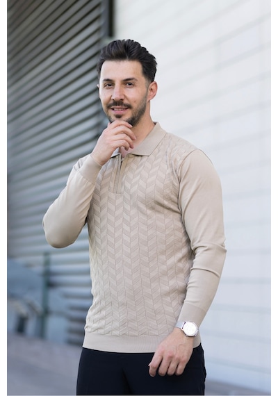 Hk Premium Erkek Triko Kazak Zikzak Desenli Polo Yaka Fermuarlı Slim Fit Bej