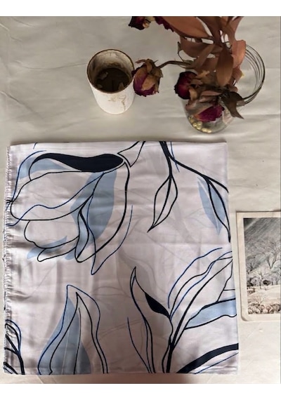 Trend Dokunuş Kadın 70-70 Saten Zambak Desenli Fular Bandana Mavi - Beyaz