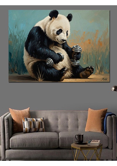 Çimler Üzerinde Dinlenen Panda Figürü Dekoratif Kanvas - Mdf Ahşap Tablo