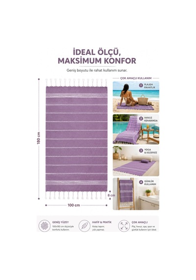 Sultan Peştemal Havlu 100 Pamuklu Deniz Plaj Banyo Peştemali 100x180 Cm Mor