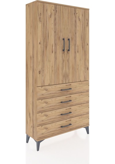 Arges Dolap Tek Raflı 4 Çekmeceli Tek Askılı 88x30x182 Çam-çam Çam