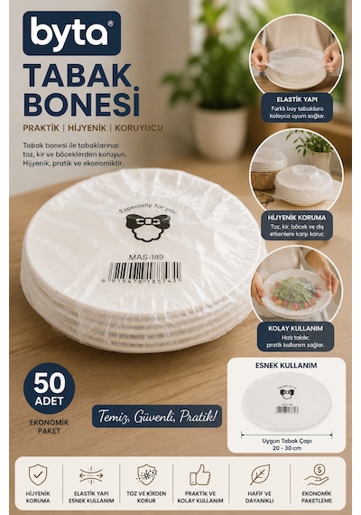 Elastik Tabak Bonesi Gıda Koruyucu Streç Kapak 50'li Paket Hijyenik Esnek Tabak Örtüsü Çok Amaçlı