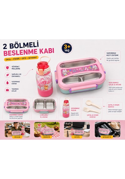 Muzeko Suluklu 2 Bölmeli Paslanmaz Çelik Yemek Kabı Sızdırmaz Kapaklı, Taşınabilir Beslenme Kabı Çatal Kaşık Hediye Krem 2081 1000+550ml Açık Pembe