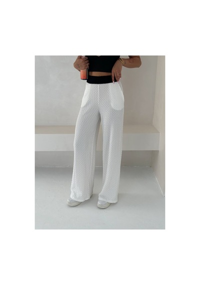 Gugus Kadın Gofre Beli Güpür Lastikli Wide Lege Yazlık Pantolon Beyaz