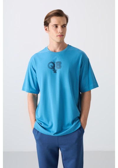 Tommy Life Petrol Mavi Pamuklu Kalın Yumuşak Dokulu Oversize Fit Baskılı Erkek T-shirt - 88333 Petrol Mavi