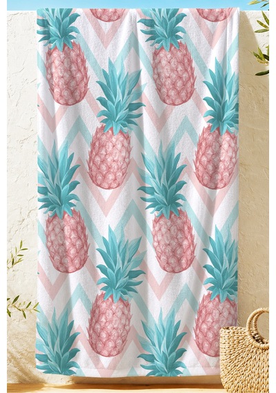 Ananas Tropikal Zigzag Plaj Havlusu - Pastel Bohem Pembe Turkuaz Hızlı Kuruyan Mikrofiber Havlu Kumlu Leylak