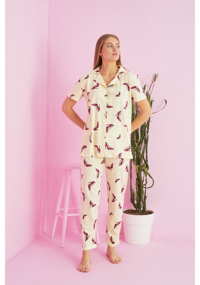 Siyah İnci Örme Pamuklu Düğmeli Pijama Takım Sarı Ayakkabı