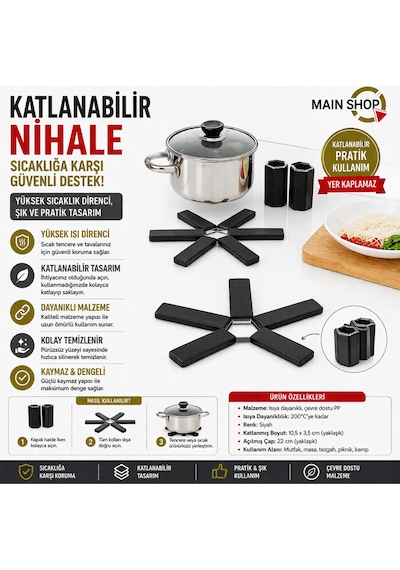 Mainshop 3'lü Set Katlanabilir Nihale - Isıya Dayanıklı Pratik Tencere Altlığı - Dirençli Siyah M-021