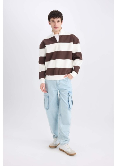 DeFacto Boxy Fit Fermuarlı Dik Yaka Çizgili Sweatshirt C7045AX24AUBN497 Kahve Kahverengi