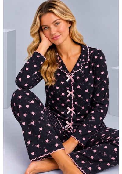 Pijamask Kadın Desenli Fiyonk Detaylı Düğmeli Uzun Kollu Müslin Pijama Takımı Siyah