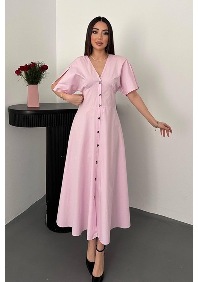 Duygudan Pembe Düğmeli Midi Boy Poplin Elbise - Pembe Çok Renkli