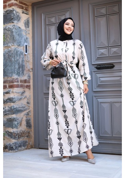 Hira Life Fashion Kadın Tesettür Geometrik Desen Önü Düğmeli Ve Bel Kuşaklı Viskon Elbise Beyaz Beyaz Hira Life Fashion Kadın Tesettür Geometrik Desen Önü Düğmeli Ve Bel Kuşaklı Viskon Elbise Beyaz Beyaz