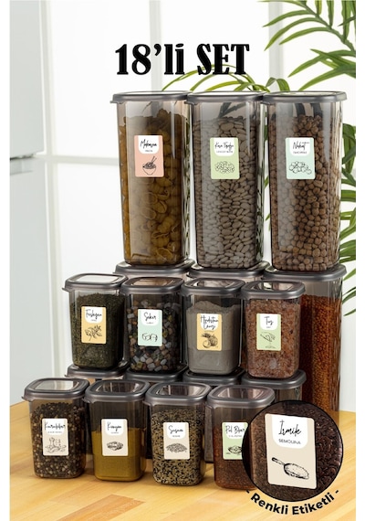 Vienev 18li Renkli Etiketli Peggy Kare Erzak Ve Baharat Full Set 6x 1,75 12x 0,45 Ant Çok Renkli