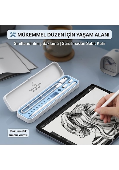 Dokunmatik Kalem Saklama Kutusu Kalem Ve Uç Organizer Kılıf Sert Kasa + Yumuşak Silikon İç Beyaz