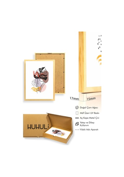 Doğal Ahşap Çerçeveli Soyut Yaprak Desenli Tablo - Canlı Tonlar Huhu1058