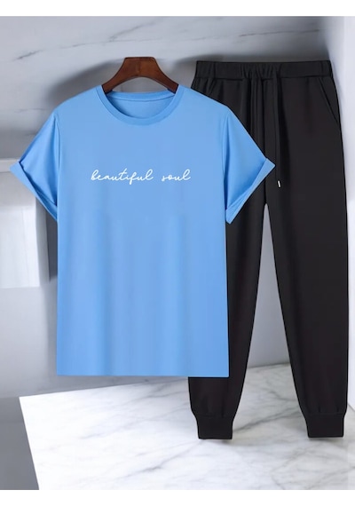 Uyguntarz Unisex Beatiful Soul Tasarım Basklı Tshirt Eşofman Takımı Bebe Mavi