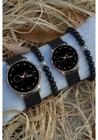 Siyah Rose Gold Hasır Çift Love Sonsuzluk Saat Ve Bileklik Çift Sevgili Saatleri