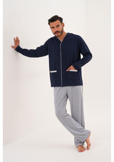 Çift Kaplan Erkek Düz Önden Düğmeli Lacivert Pijama Takımı 8002 Lacivert