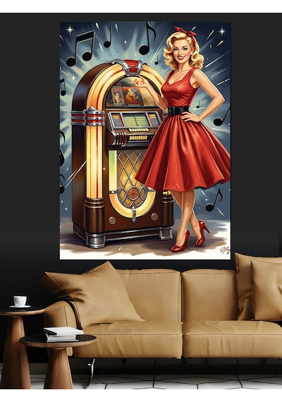 Ahşap Tablo Retro Müzik Kutusu Önünde Kadın İnsan Figürlü Tablolar