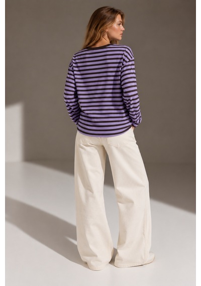 Wild Bee Kadın Lila Kahverengi Çizgili Pamuklu Bisiklet Yaka Oversize Bluz