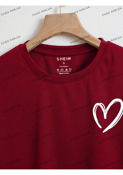 Flood Of Style Crop Ckod-232913 Kalp Desenli Kısa Bordo