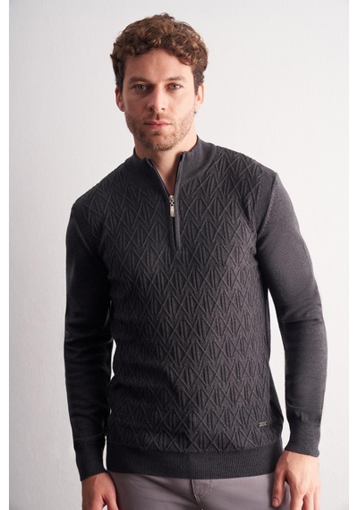 İmza Koyu Antrasit Dik Yaka Uzun Kol Cepsiz Slim Fit Casual Pamuklu Triko Kazak 1012255108 Antrasit