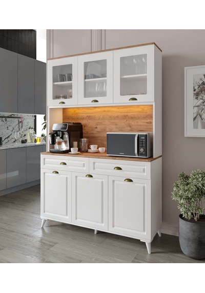 Guneystore Gözde Kahve Köşesi - 140 Cm Mdf Ayaklı Mutfak Dolabı - Led Aydınlatmalı Atlantik Çam - Beyaz Guneystore Gözde Kahve Köşesi - 140 Cm Mdf Ayaklı Mutfak Dolabı - Led Aydınlatmalı Atlantik Çam - Beyaz