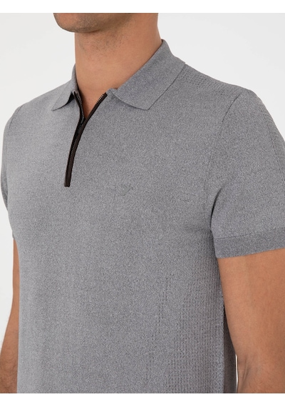 Gri Slim Fit Fermuarlı Polo Yaka Triko T-shirt
