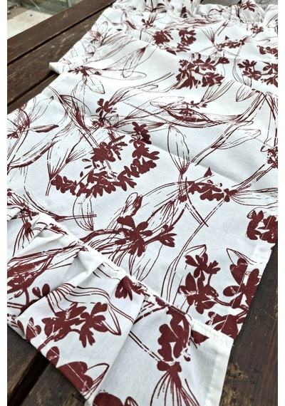Bordo Çiçekli Pileli Runner - Dekoratif Runner - Keten Pileli Runner 40x110cm Renkli
