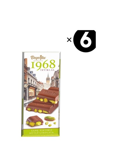 Beyoğlu 1968 İstiklal %30 Tane Antep Fıstıklı Sütlü Çikolata 95 Gr X6