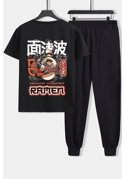 Uyguntarz Unisex Ramen Baskılı 2 Li Eşofman Takımı Siyah