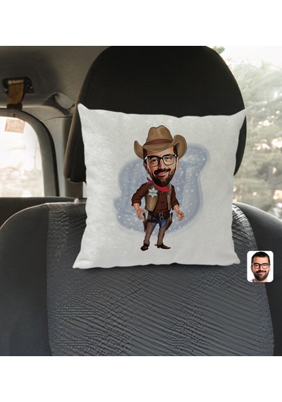 Bk Gift Kişiye Özel Kovboy Karikatürlü Kare Araç Koltuk Yastığı-1 Çok Renkli
