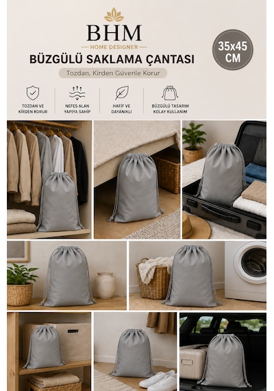 5'li Büzgülü Saklama Çantası 35x45 Cm Nefes Alan Ayakkabı Kılıfı Toz Koruyucu Organizer Gri