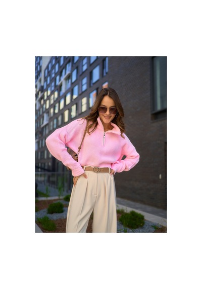 Cloudy Kids Kadın Oversize Fermuarlı Crop Triko Kazak Günlük Kullanım Mevsimlik Pembe - 607293446 Pembe