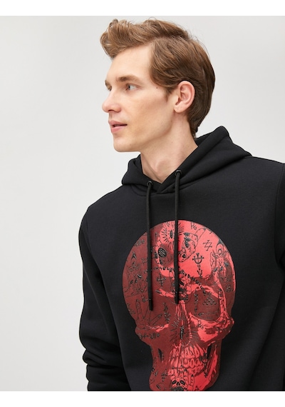 Koton Kapşonlu Sweatshirt Kuru Kafa Baskılı Uzun Kollu Siyah 3sam70133mk Siyah