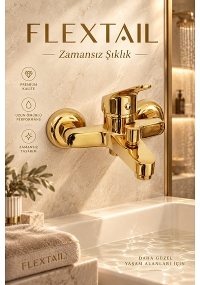 Flextail Gold Pirinç Banyo Bataryası Duş Musluğu Sıcak Soğuk Altın Tek Kollu