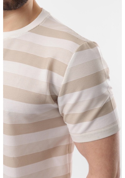 Madmext Bej Bisiklet Yaka Çizgili Erkek T-shirt E7118 Bej