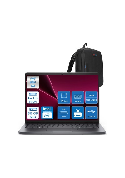 Dell Pro 14 PC14250BTO107F21 Ultra 7-255U 64 GB 512 GB SSD 14" Ubuntu Dizüstü Bilgisayar + Zetta Çanta