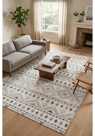 Raschel Carpet Premium Yıkanabilir Leke Tutmaz Modern Etnik Desen Gri Özel Seri Kaymaz Taban Halı Kilim Çok Renkli