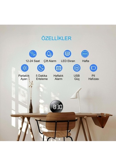 Siyah Yuvarlak Led Dijital Masa Saati Usb Güçlü Alarm Ve Snooze Özellikli Büyük Ekran Masaüstü Saat