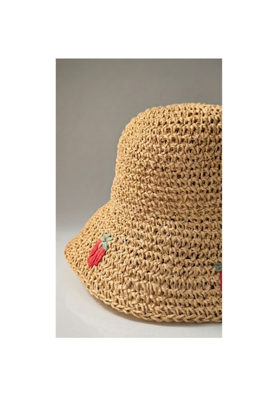 Mollycrush Kadın Camel Hasır İp Çilek Desenli Bucket Şapka Yazlık Trend El Yapımı Tasarım Camel