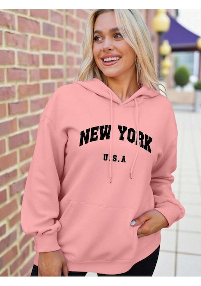 Startmore Reshift Plus Size Women's Slogan Letter 'new York Usa' City Name Graphic Print Thermal Drawst Çok Renkli