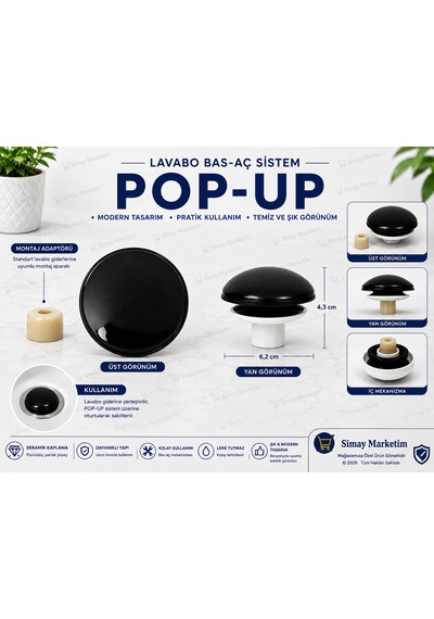 Seramik Kaplama Lavabo Gider Süzgeci Bas Aç Pop-up Sistem Taşma Yüzüklü Dayanıklı Tasarım Siyah
