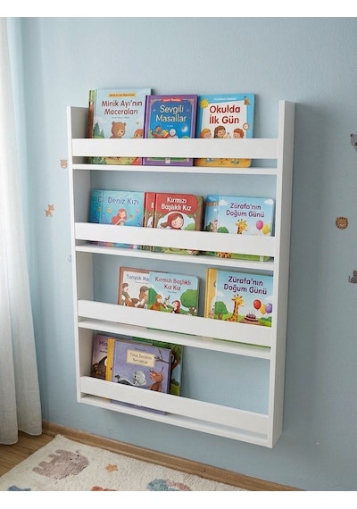 Montessori 4 Raflı Çocuk Kitaplığı Çok Amaçlı Dekoratif Duvar Rafı 120x60 Beyaz