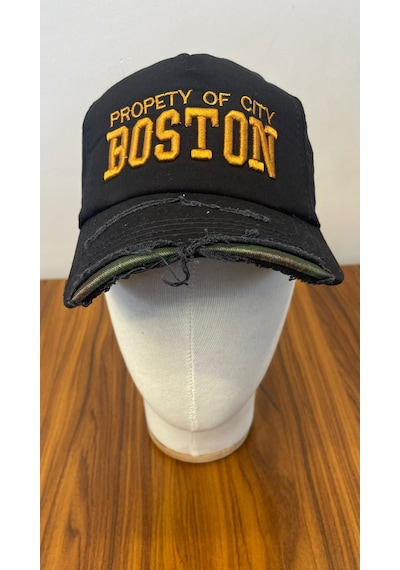 Boston Nakışlı Eskitme Vintage Model Pamuklu Cap Şapka Siyah