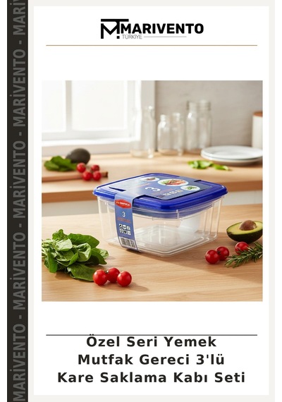 Özel Seri Yemek Mutfak Gereci 3'lü Kare Saklama Kabı Seti Çok Renkli