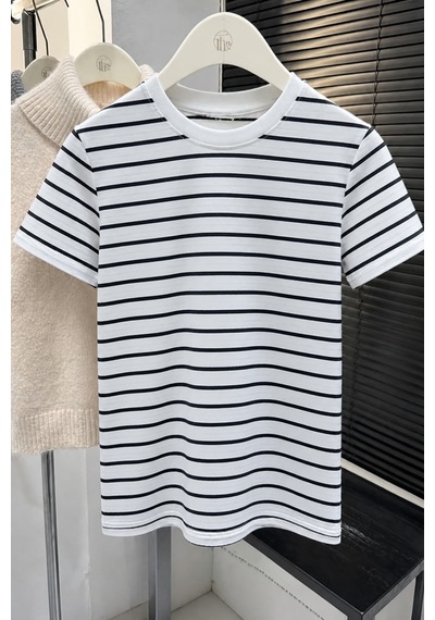 Makentmoda Çocuk Yazlık Ince Çizgili Yarım Kol T-shirt Beyaz