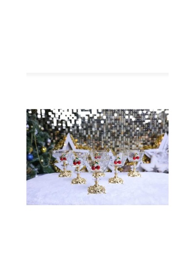 Çnr Home Collection 6 Lı Kiraz Detaylı Gold Metal Ayaklı Cup Magnolia Dondurmalık Çerazlik Sunumluk Gold
