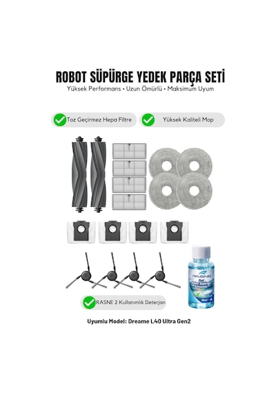 Dreame L40 Ultra Gen2 İle Uyumlu 2 Ana Fırça 4 Yan Fırça 4 Filtre 4 Mop 1 Deterjan 4 Toz Torbası 8.0
