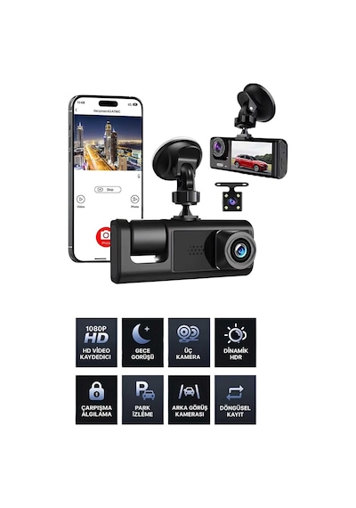 1080p Wifi Full Hd Araç Içi Kamera Arka Ön Iç Kayıt 3 Kamera Gece Görüşlü Gsensör Geniş Açı
